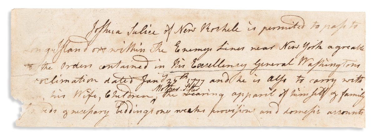 (AMERICAN REVOLUTION--1777.) Pass issued to a Loyalist family to depart for British-occupied territory under Washingtons order.